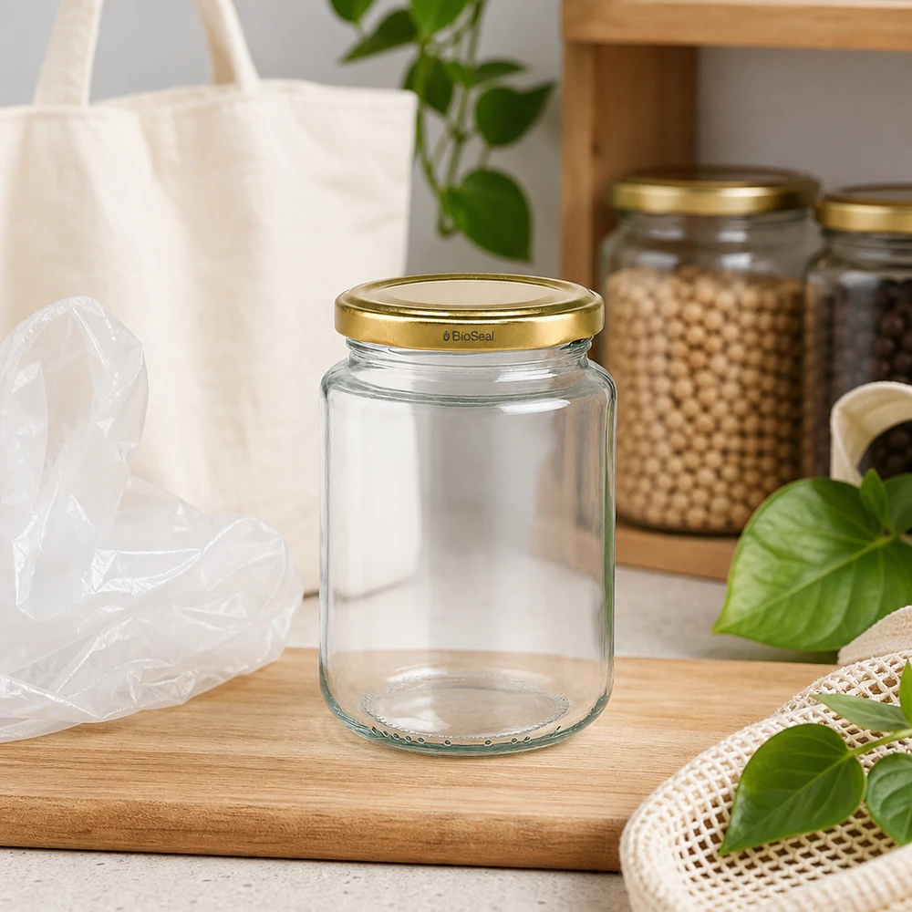 UNiTWIST Runda382 Einmachglas in Zero-Waste Küche, nachhaltiger TO66 BioSeal Deckel gold, Holzbrett Ambiente
