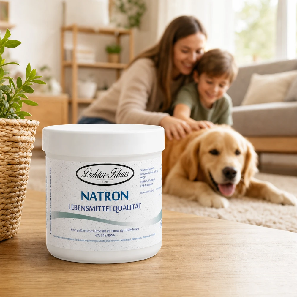 250g Natron Doktor Klaus mit blauem Schriftzug in familienfreundlicher Atmosphäre