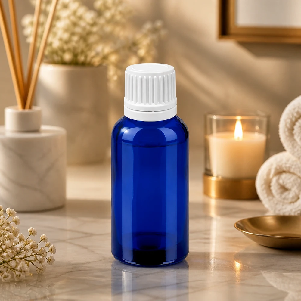 30ml Tropfflasche 0.7mm weiß Originalitätsverschluss BlueLine UT18/30 Kleine 30ml Tropfflasche aus UV-schützendem blauen Glas für Aromatherapie und Pflege