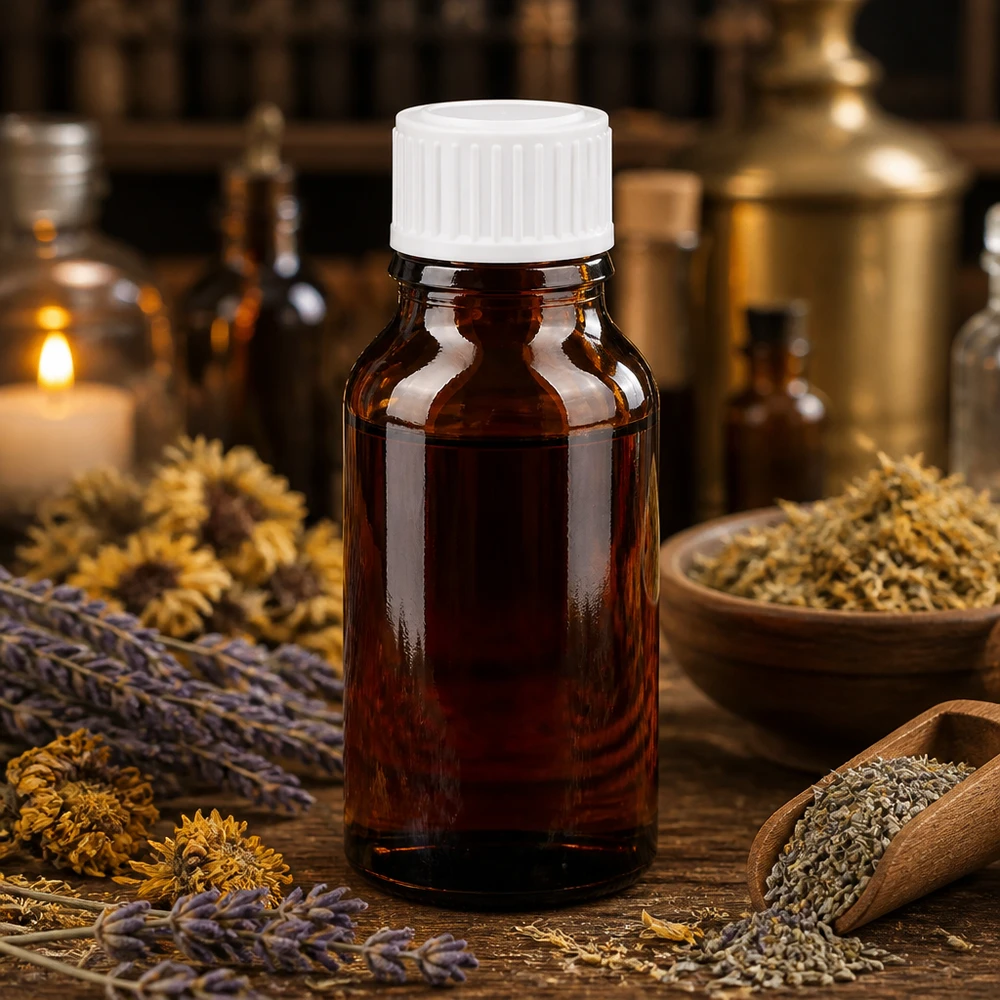 Apothekenflasche braun 15ml Schraubverschluss weiß Standard Braune 15ml Glasflasche Schraubverschluss weiß umgeben von Heilkräutern und Trockenblumen