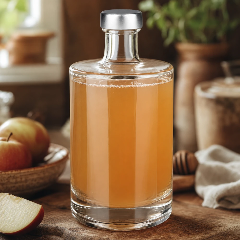 500ml Glasflasche Sam mit Apfelsaft befüllt neben Äpfeln und Honig natürliche Küchenszenerie Detailansicht