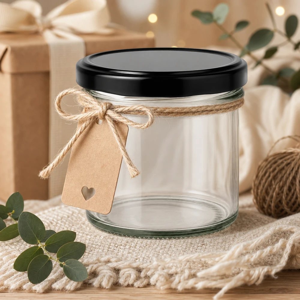 125ml Sturzglas mit schwarzem Deckel als Geschenkidee dekoriert mit Juteschnur und Herzanhänger rustikal