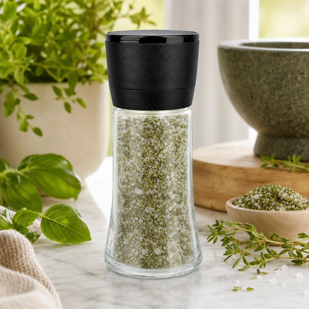 Salz-/Gewürzglas 95ml mit Mühle Vario schwarz Gewürzmühle 95ml Vario schwarz mit sichtbarer Kräutersalzfüllung und Basilikum im Hintergrund