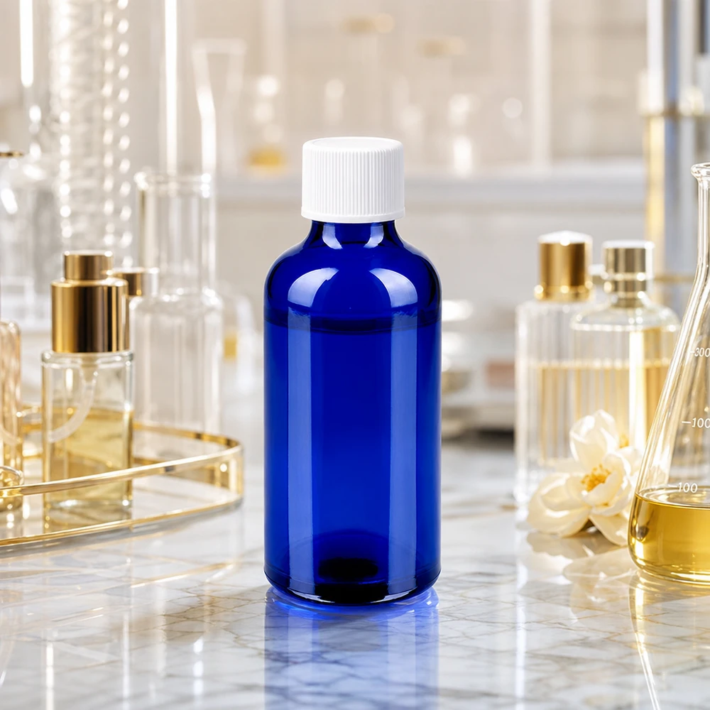 50ml Flasche 11mm Schraubverschluss weiß Standard BlueLine UT18/50 Robuste 50ml Braunglasflasche Alternative in Blau mit ergonomischem weissen Drehverschluss