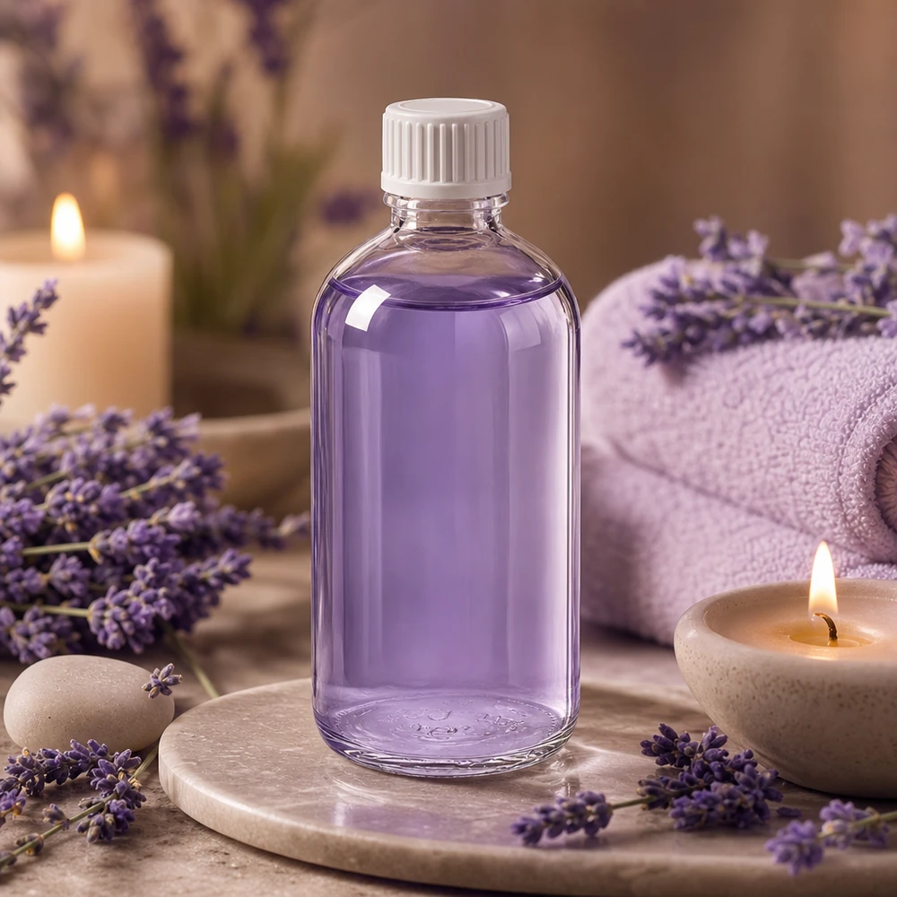 100ml Rundflasche ClearLine UT18 weißer Tropfverschluss zwischen Lavendelblüten und Kerzen