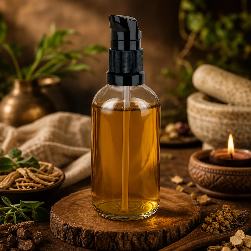 100ml Pumpflasche schwarz Standardverschluss ClearLine UT18/100 ClearLine Glasflasche 100ml Pumpverschluss schwarz honigfarbener Inhalt Ashwagandha Kerze Tisch