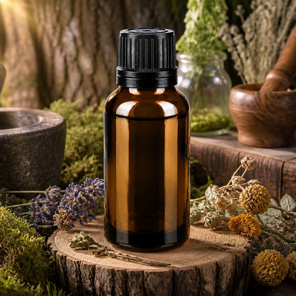 Dunkle Braunglasflasche 20ml mit schwarzem Schraubverschluss umgeben von Moos und Heilpflanzen
