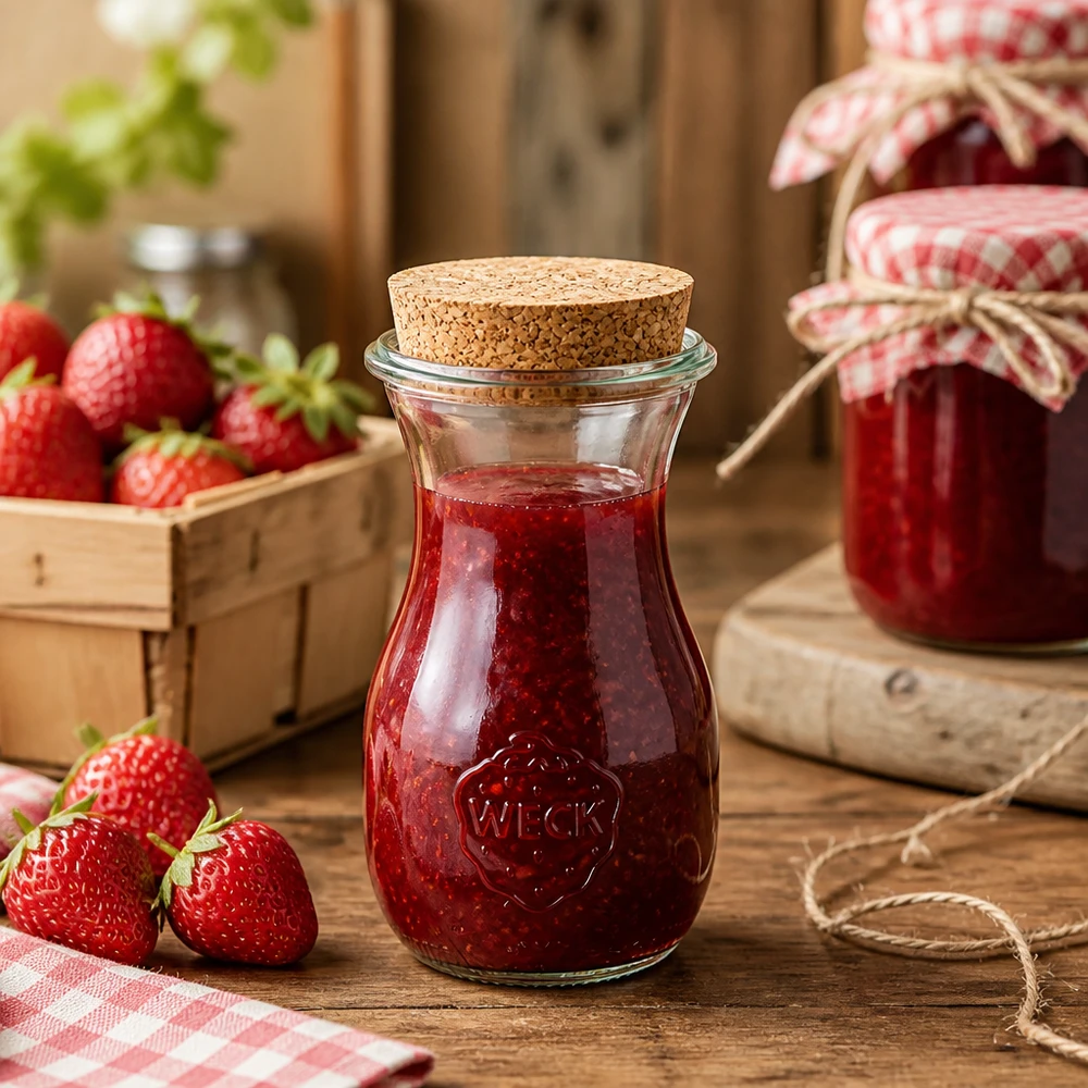 290ml Saftflasche WECK RR60 mit Korken natur WECK Saftflasche 290ml mit Korken gefüllt mit Erdbeermarmelade in rustikaler Küche mit frischen Erdbeeren