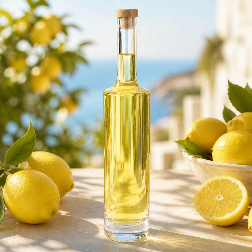 500ml Glasflasche "Rosa" mit Holzgriffkorken UNiTWIST® Glasflasche Rosa 500ml mit gelbem Limoncello gefüllt neben Zitronen in mediterraner Atmosphäre mit Holzkorken