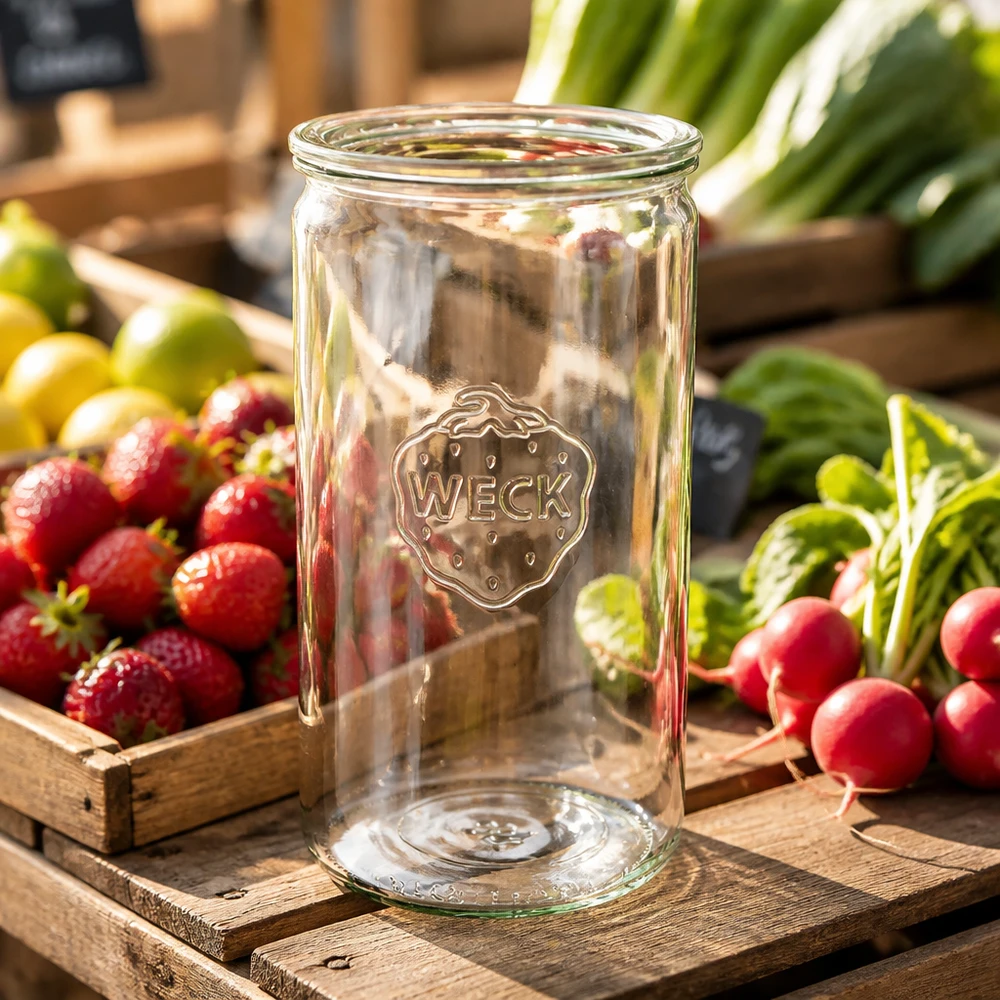 WECK Zylinderglas 1590ml RR100 auf Holzkiste mit frischen Radieschen Erdbeeren und Gemüse in natürlicher Umgebung