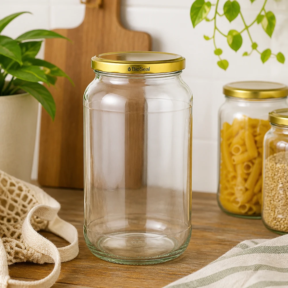 1062ml Rundglas mit BioSeal Deckel gold UNiTWIST UNiTWIST Runda1062 Vorratsglas leer goldener TO82 BioSeal Deckel Küchenszene Pasta Getreide nachhaltige Aufbewahrung