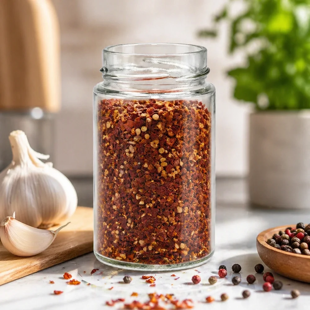 245ml Rundglas ohne Deckel (TO58deep) UNiTWIST UNiTWIST Runda245 Rundglas 245ml TO58deep mit Chili-Gewürzmischung gefüllt in moderner Küche mit Knoblauch