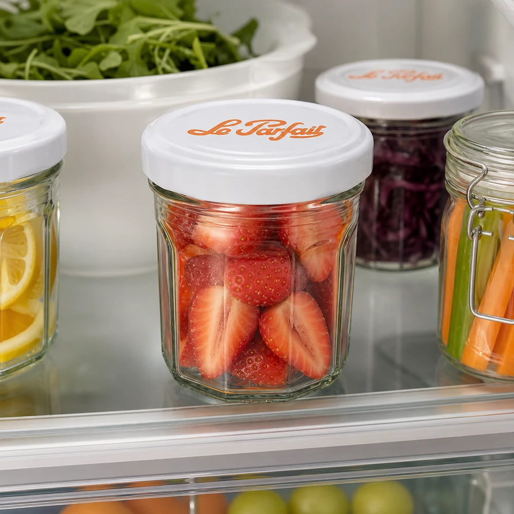 Le Parfait Mini-Sturzgläser 44ml mit frischen Erdbeeren im Kühlschrank - praktische Aufbewahrung für Früchte