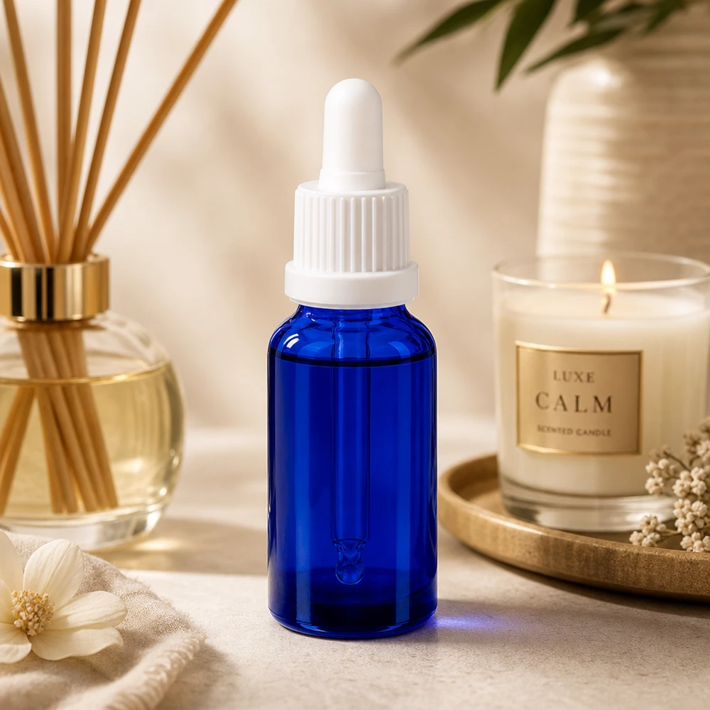 Elegante 20ml Pipettenflasche in tiefem Kobaltblau mit weißer Gummipipette für genaue Dosierung