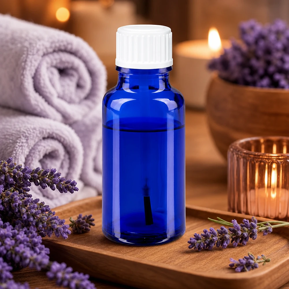 Apothekenflasche blau 20ml Schraubverschluss weiß Pinsel Aromatherapie-Flasche 20ml blaues Glas weißer Schraubverschluss Wellness-Setting