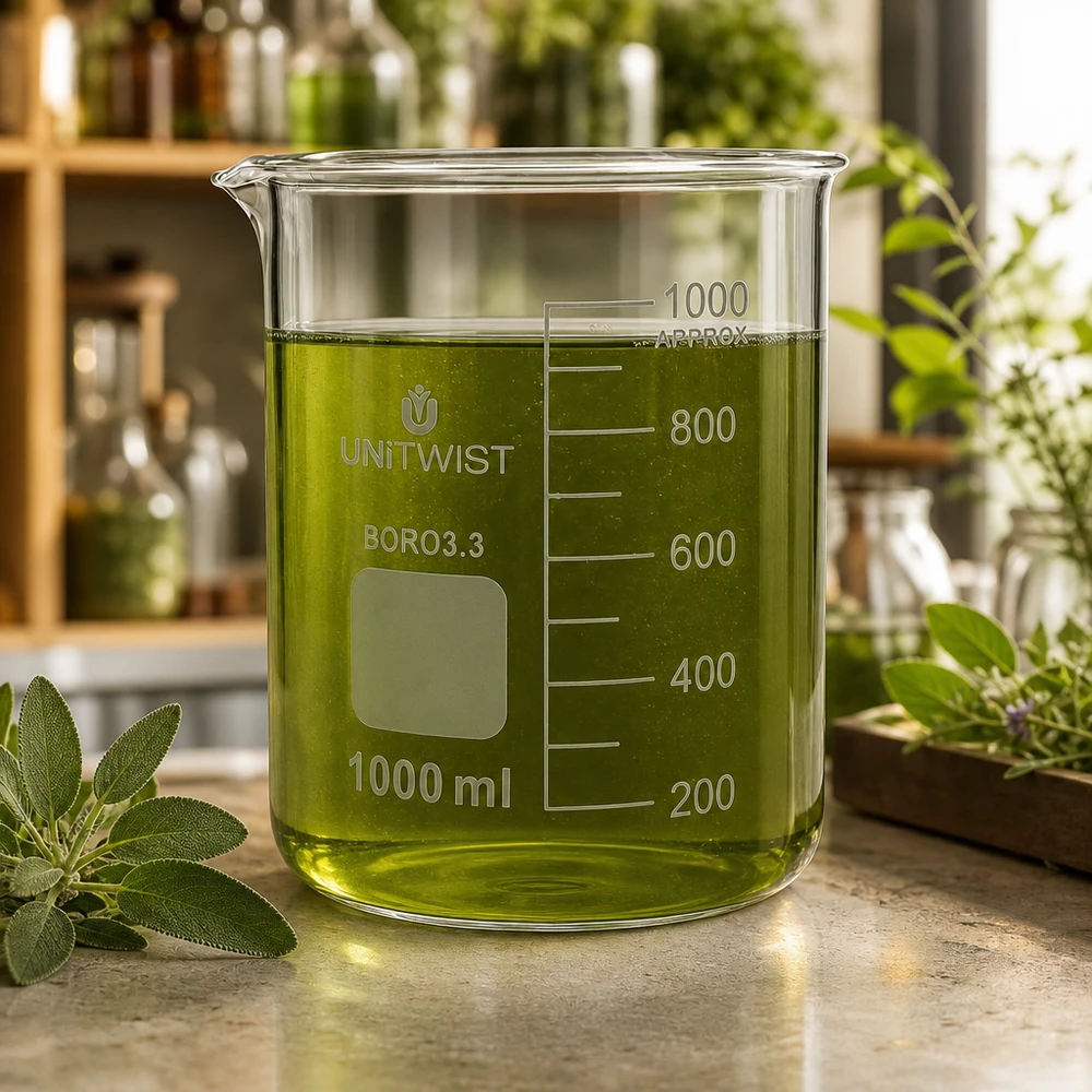 Becherglas 1000ml Borosilikat, niedrige Form UNiTWIST UNiTWIST Becherglas 1000ml Boro3.3 niedrige Form gefüllt mit grünem Naturextrakt im Kräuterlabor