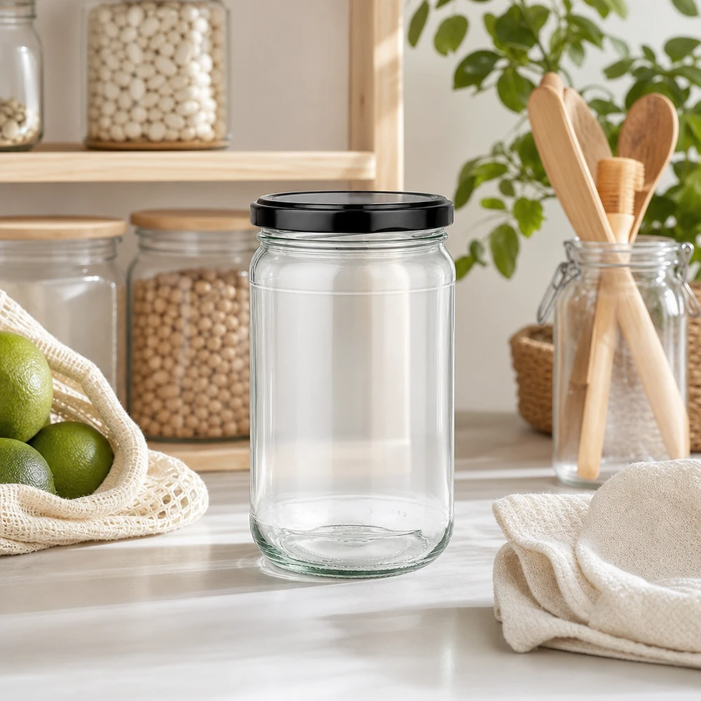 305ml Rundglas mit BasicSeal Deckel schwarz UNiTWIST 305ml Rundglas UNiTWIST mit schwarzem Deckel in moderner Zero-Waste Küche neben Holzutensilien und Limetten