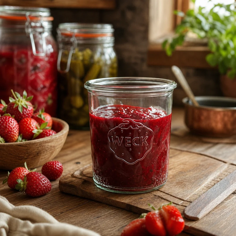 160ml Sturzglas WECK RR60 WECK Sturzglas 160ml RR60 mit Erdbeermarmelade gefüllt auf Holztisch mit frischen Erdbeeren und Einmachgläsern