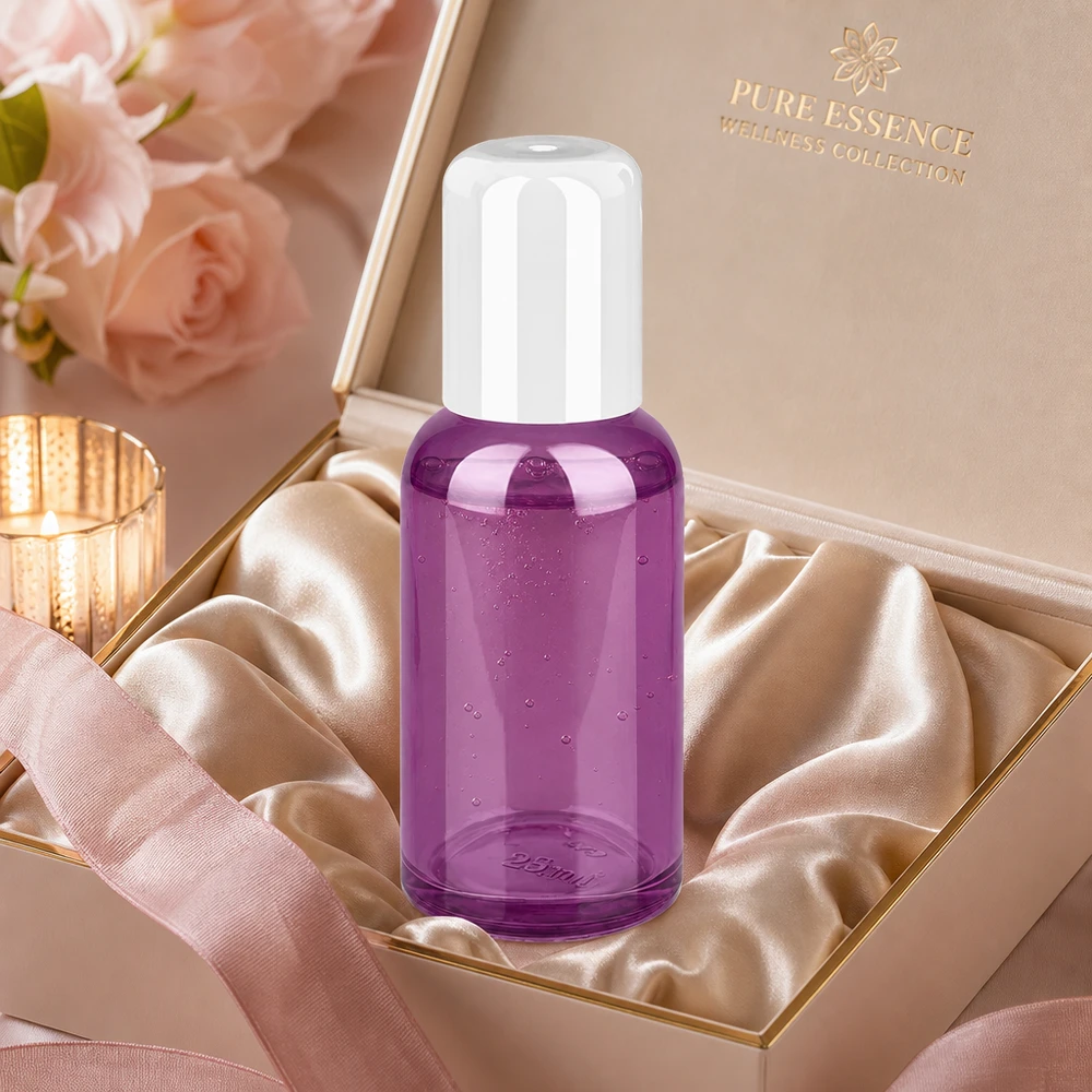 Praktische 30ml violette Roll-On Flasche aus Glas mit auslaufsicherem weißem Kugelverschluss