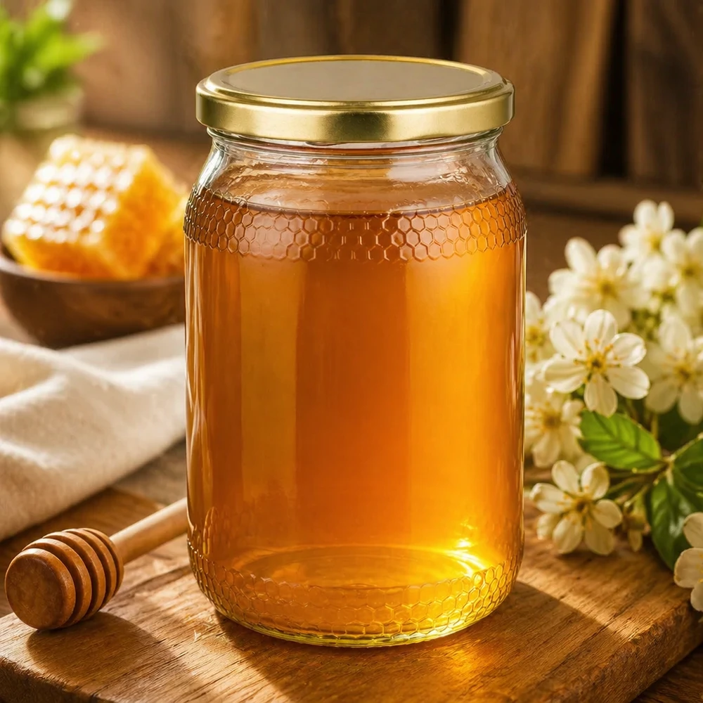 1260g Honigglas + BasicSeal Deckel gold UNiTWIST Honigvolles 900ml Glas mit goldenem UNiTWIST Deckel in natürlicher Ambiente mit Blüten und Honigwaben