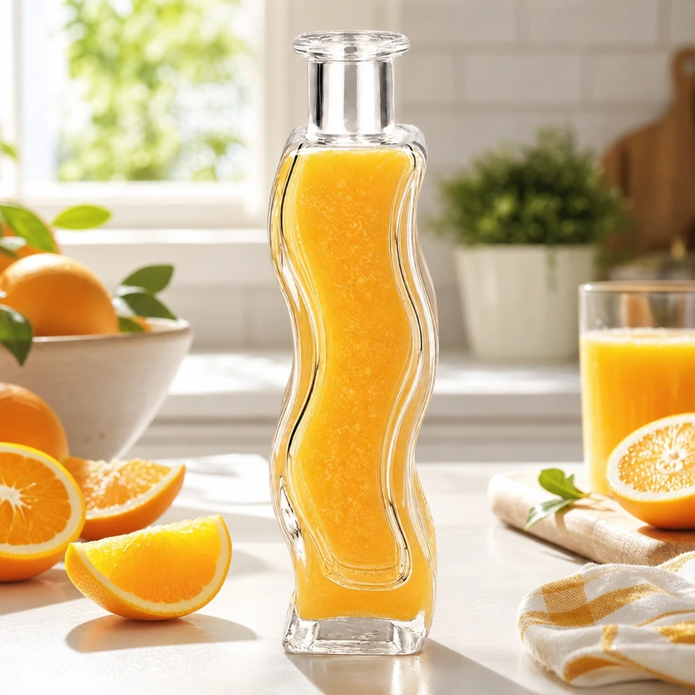 100ml Glasflasche Melissa mit Orangensaft gefüllt in heller Küche umgeben von frischen Orangen und Zitrusfrüchten