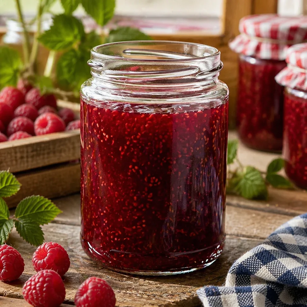 390ml Rundglas ohne Deckel (TO70) UNiTWIST UNiTWIST Runda390 Rundglas 390ml TO70 mit Himbeermarmelade gefüllt auf Holztisch mit frischen Himbeeren