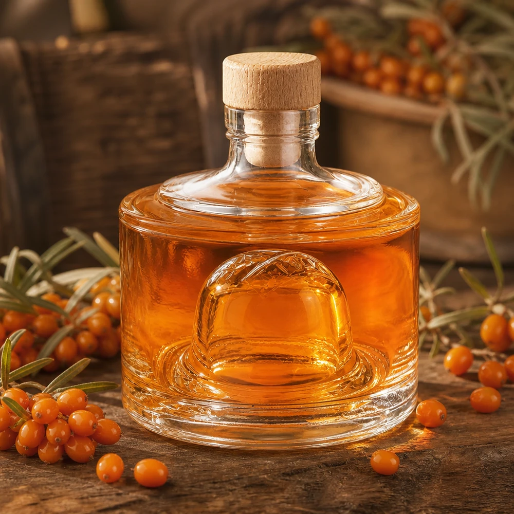 200ml Glasflasche "Barbara" mit Holzgriff-Korken UNiTWIST 200ml Glasflasche Barbara mit Sanddornöl und frischen Sanddornbeeren auf rustikalem Holzuntergrund Naturprodukte