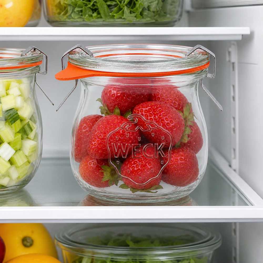 75ml Tulpenglas komplett WECK RR40 WECK Tulpenglas 75ml RR40 mit frischen Erdbeeren im Kühlschrank zur optimalen Aufbewahrung von Obst und Lebensmitteln