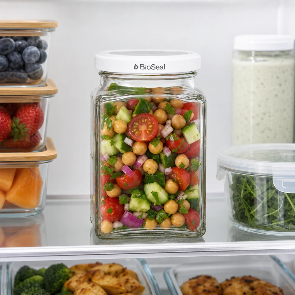 260ml Tetraglas + BioSeal Deckel weiß UNiTWIST UNiTWIST Tetra260 Vorratsglas im Kühlschrank mit Kichererbsensalat weißer TO58 BioSeal Deckel frische Aufbewahrung