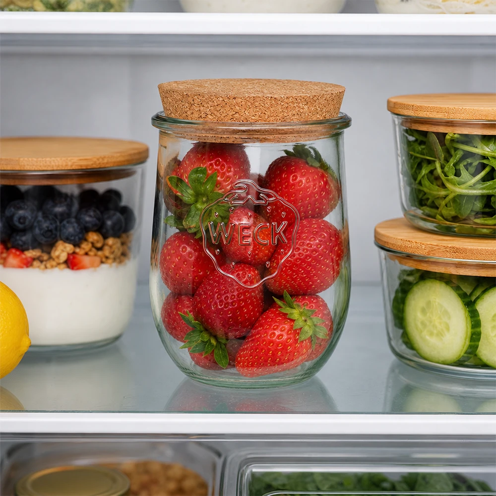WECK Tulpenglas 1062ml RR100 mit Korkdeckel zur Aufbewahrung frischer Erdbeeren im Kühlschrank Meal Prep Organisation