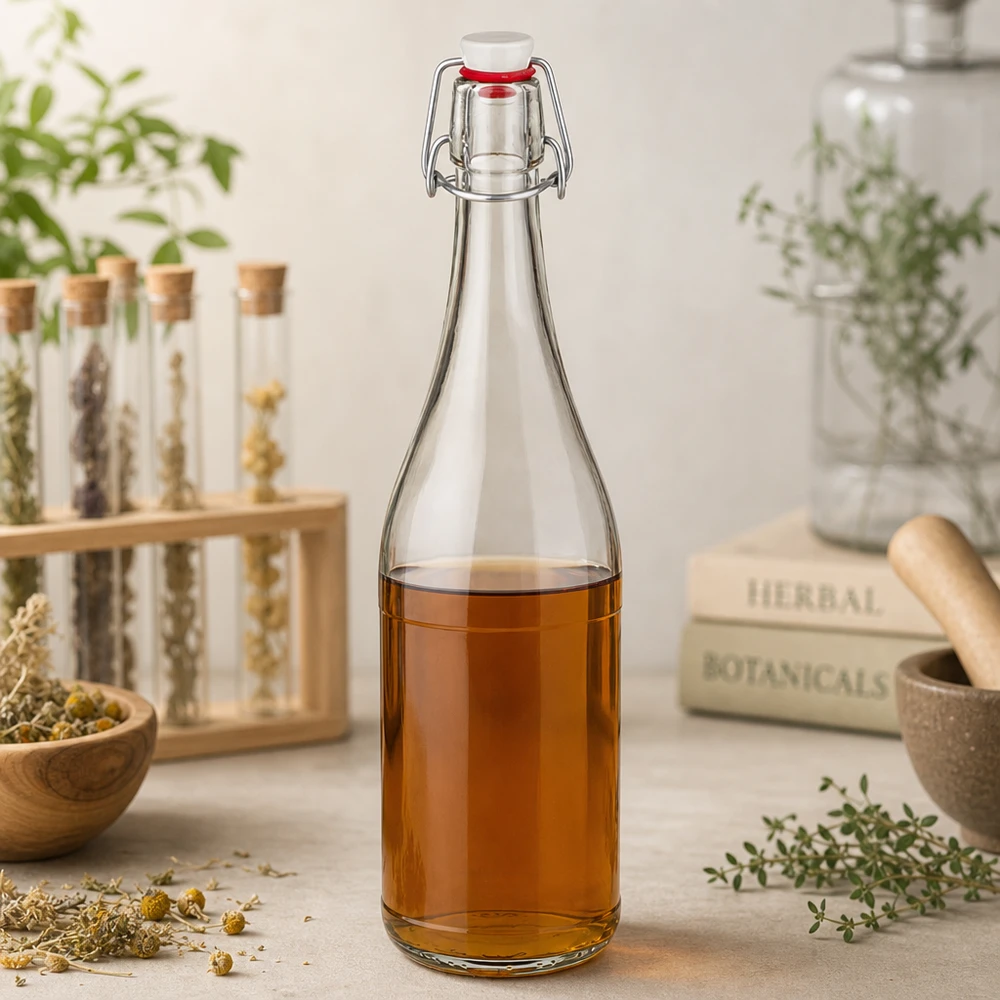 750ml Glasflasche und Bügelverschluss PVC UNiTWIST 750ml Glasflasche Bügelverschluss mit Kräutertee befüllt Heilkräuter Botanik Stilleben natürliche Zutaten