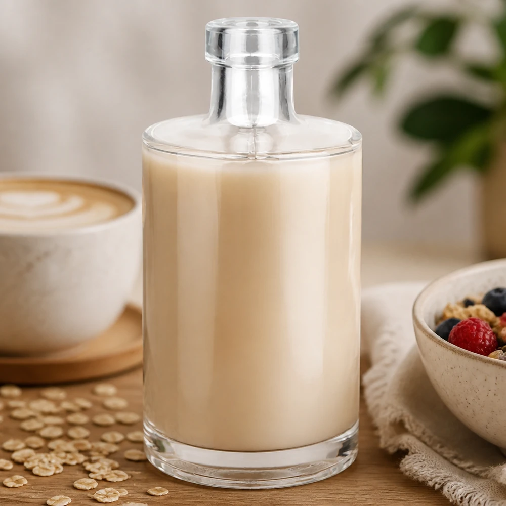 350ml Glasflasche Marie mit cremiger Hafermilch befüllt neben Kaffeetasse und Müslischale Lifestyle Bild 3 von 10