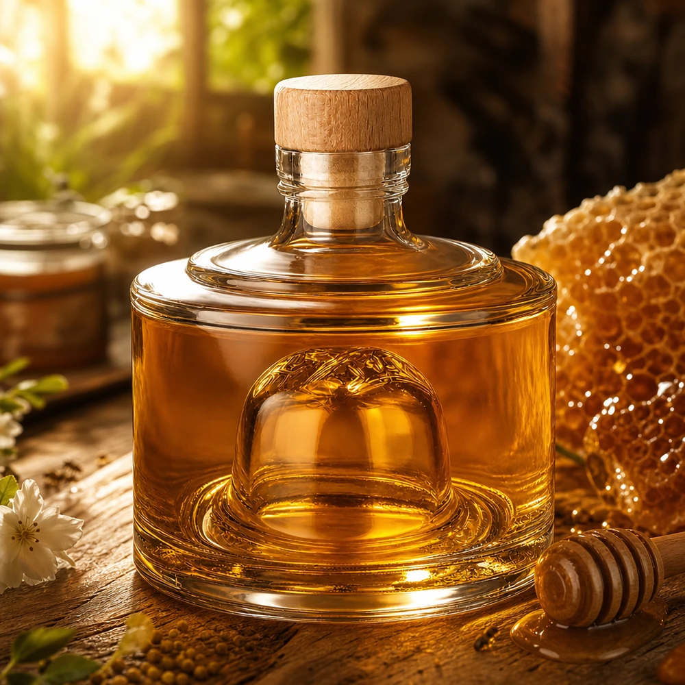 200ml Glasflasche Barbara mit Honig befüllt neben Bienenwabe und Holz-Honiglöffel natürliche Dekoration Lifestyle