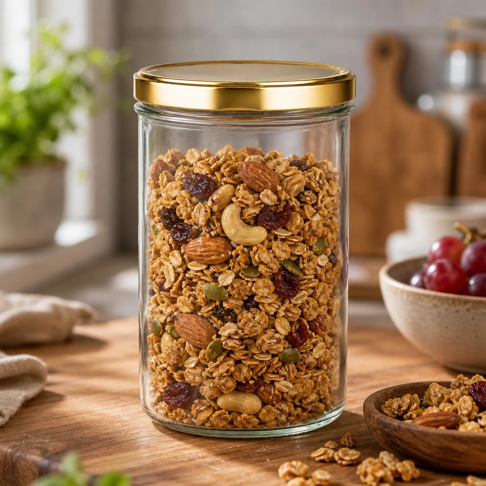 Sturzglas 277ml mit goldenem UNiTWIST Deckel gefüllt mit Müsli Nüssen Trockenfrüchten als Vorratsglas in Küche