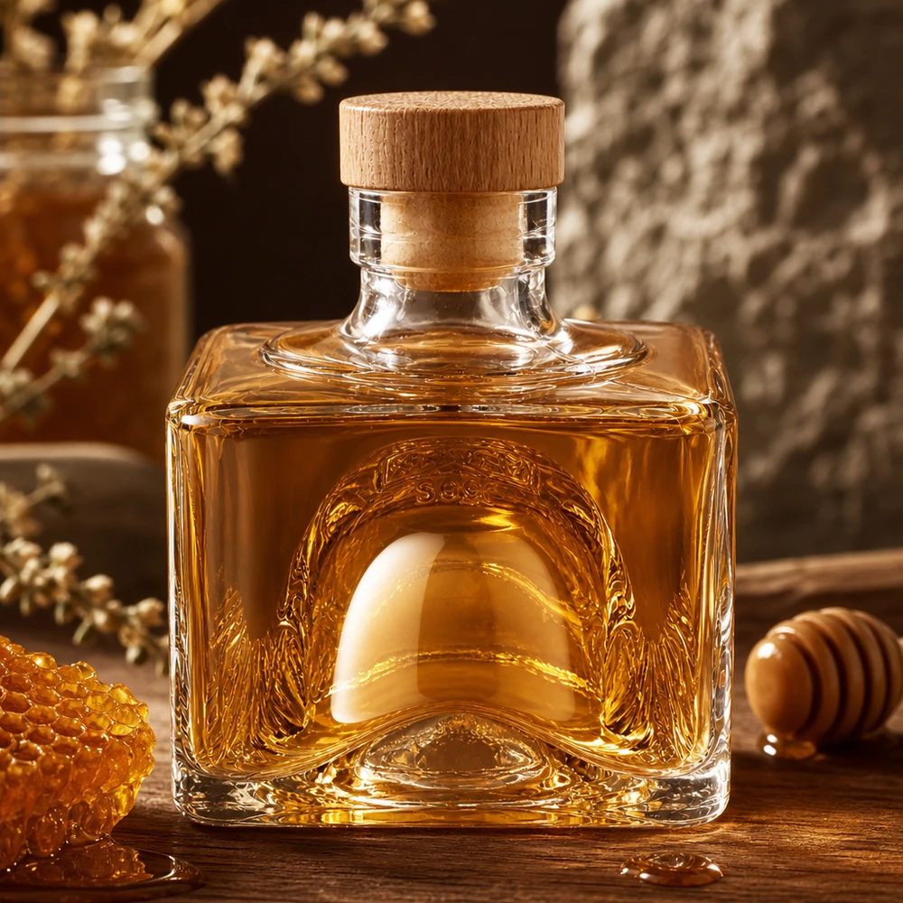 200ml Glasflasche Bob mit Honig befüllt und Holzkorken, rustikale Küchenszene mit Waben und Honiglöffel