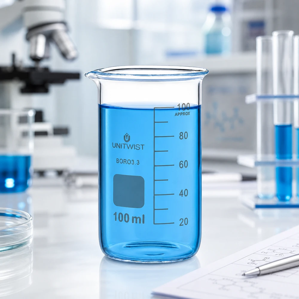 Becherglas 100ml Borosilikat, hohe Form UNiTWIST Professionelles Laborbecherglas 100ml hohe Form UNITWIST neben Mikroskop und Reagenzgläsern