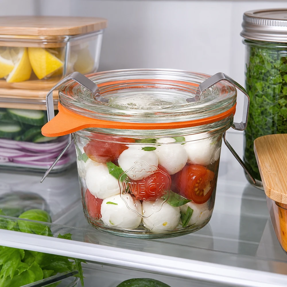 35ml Sturzglas komplett WECK RR40 WECK Sturzglas 35ml RR40 im Kühlschrank mit Caprese Salat gefüllt zeigt praktische Aufbewahrung frischer Lebensmittel