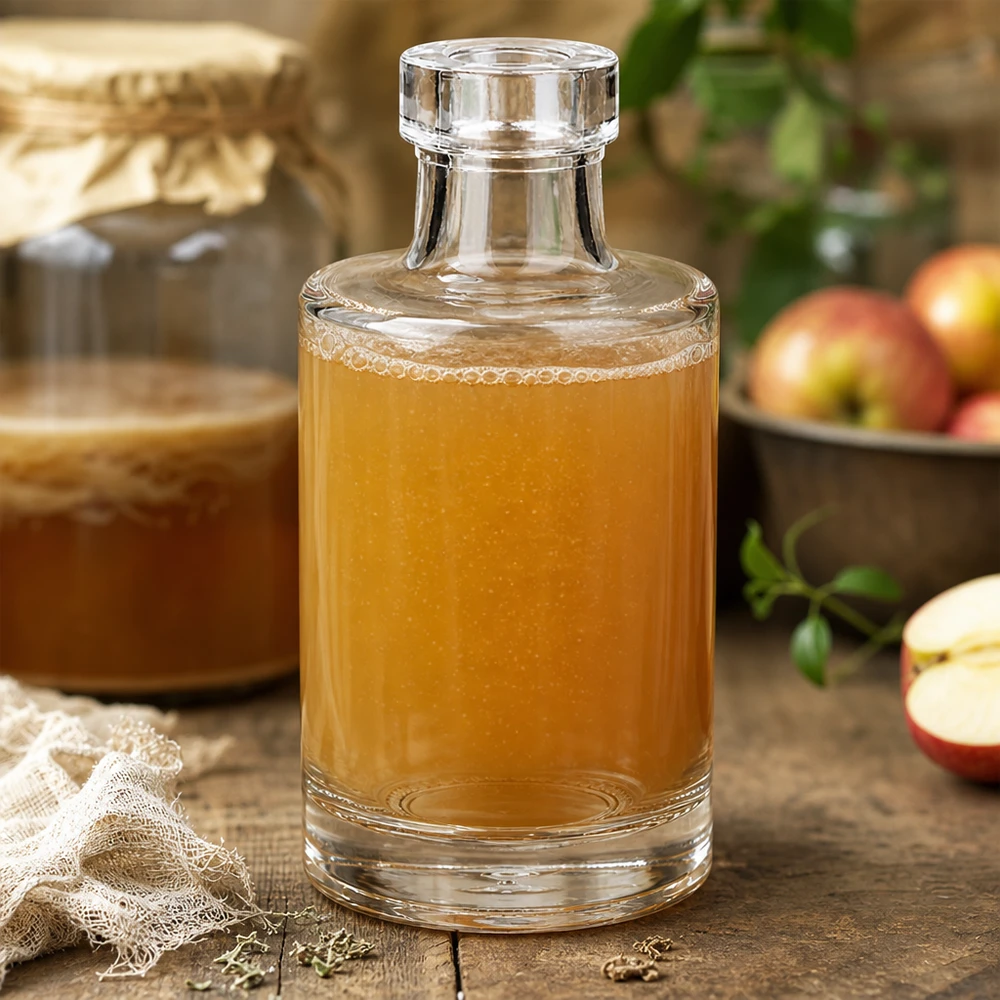 100ml Glasflasche "Marie" ohne Verschluss UNiTWIST 100ml Glasflasche Marie mit Apfelsaft gefüllt neben frischen Äpfeln und rustikalem Holzkorb in natürlicher Küchenszene