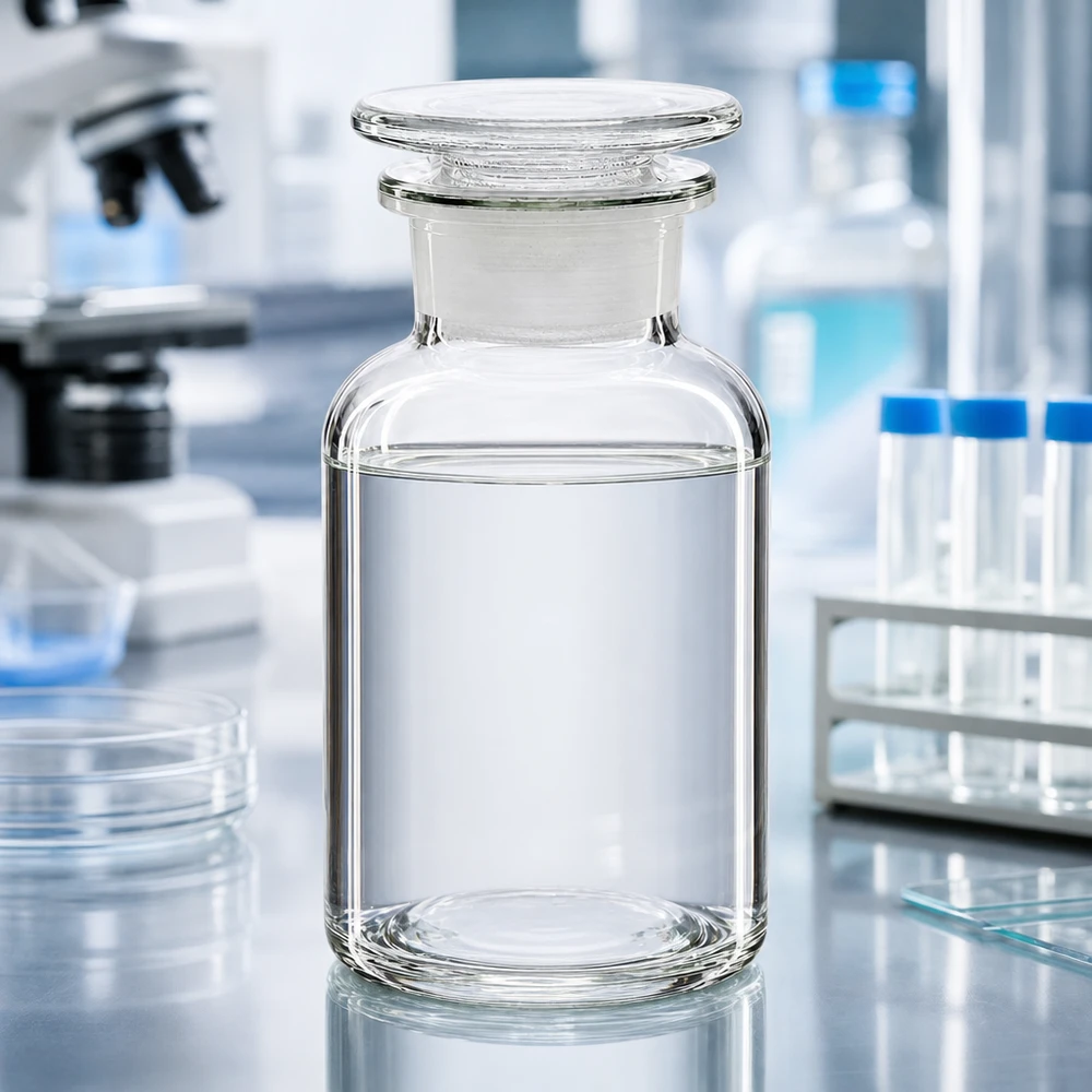 Rundschulterfl. 250ml klar Weithals Glasstopfen Pharmazeutische Glasflasche 250ml mit Weithalsstopfen und klarem Inhalt im Laborumfeld