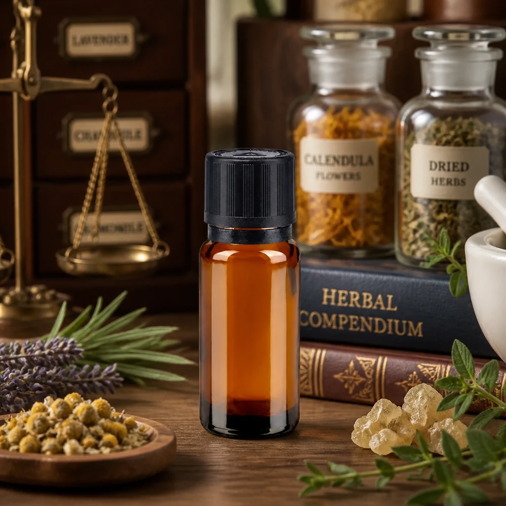 Präzisions-Tropfflasche 1mm Öffnung 10ml Apothekerglas im historischen Kräuterapotheken-Setting