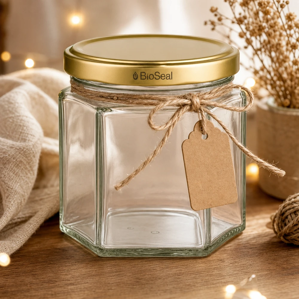 47ml Hexaglas mit BioSeal Deckel gold UNiTWIST UNiTWIST Hexa47 Glasgefäß mit goldenem BioSeal Deckel und Geschenkanhänger in gemütlicher Wohnambiente