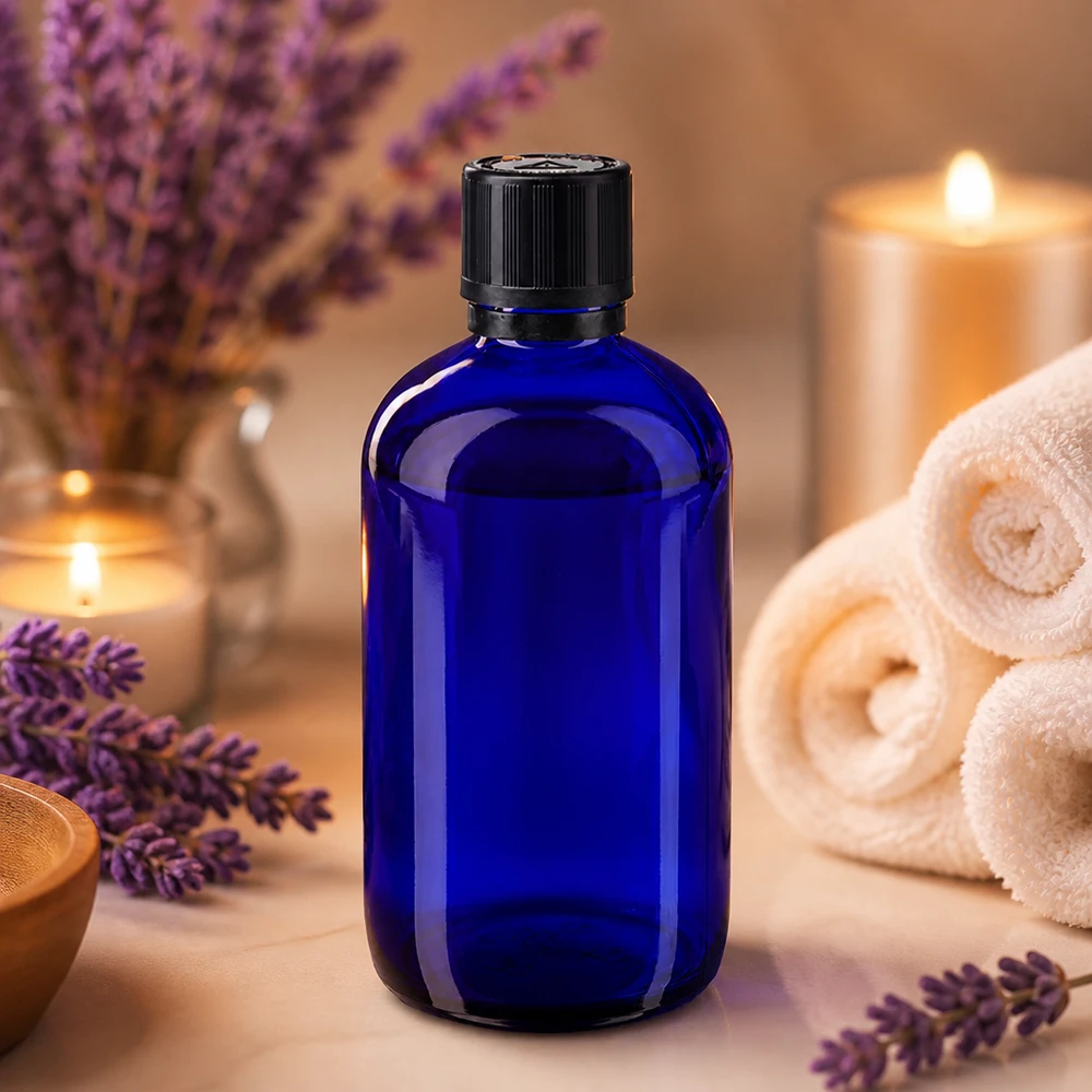 Apothekerflasche aus kobaltblauem Glas 100ml mit schwarzem KiSi Originalverschluss und 1mm Tropfer