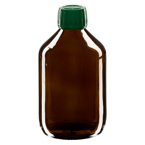 300ml Medizinflasche braun, Verschluss grün mit Originalitätsring ApoGlas 300ml Medizinflasche braun, Verschluss grün mit Originalitätsring ApoGlas