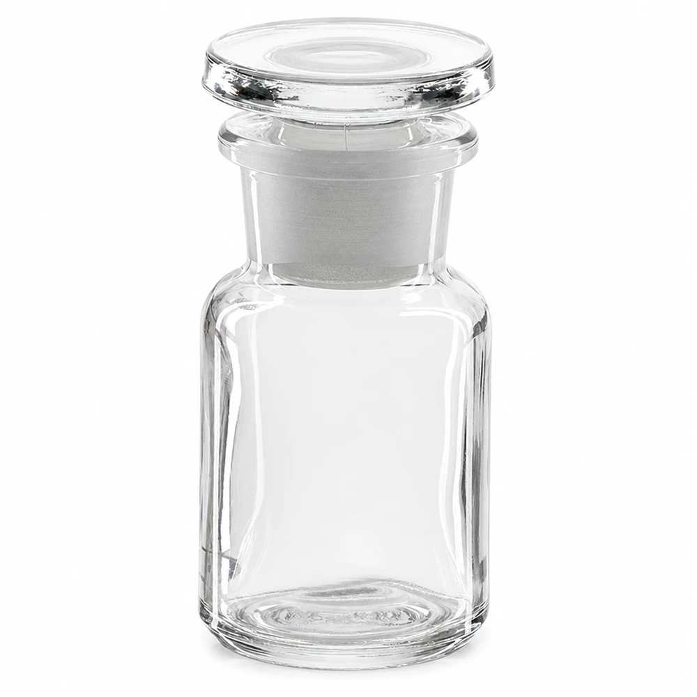 Kompakte Rundschulterflasche Klarglas 50ml Weithals mit Glasstopfen für sichere Aufbewahrung