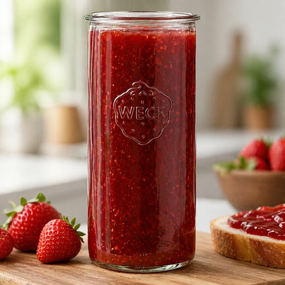 1500ml Sturzglas WECK RR100 1500ml WECK Sturzglas RR100 mit roter Erdbeermarmelade gefüllt neben frischen Erdbeeren und Brot auf Holztisch