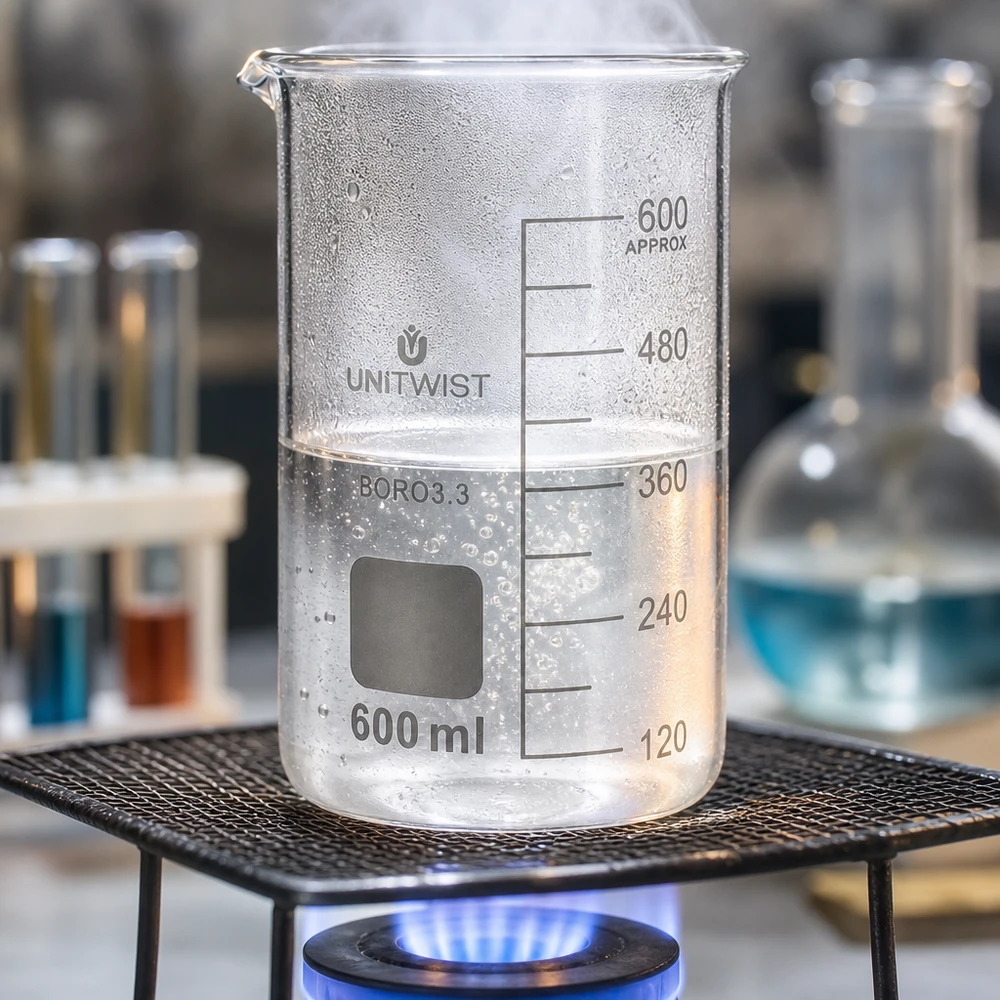 Becherglas 600ml Borosilikat, hohe Form UNiTWIST Erhitztes UNITWIST Becherglas 600ml Borosilikat hohe Form mit Blasenbildung und blauer Gasflamme