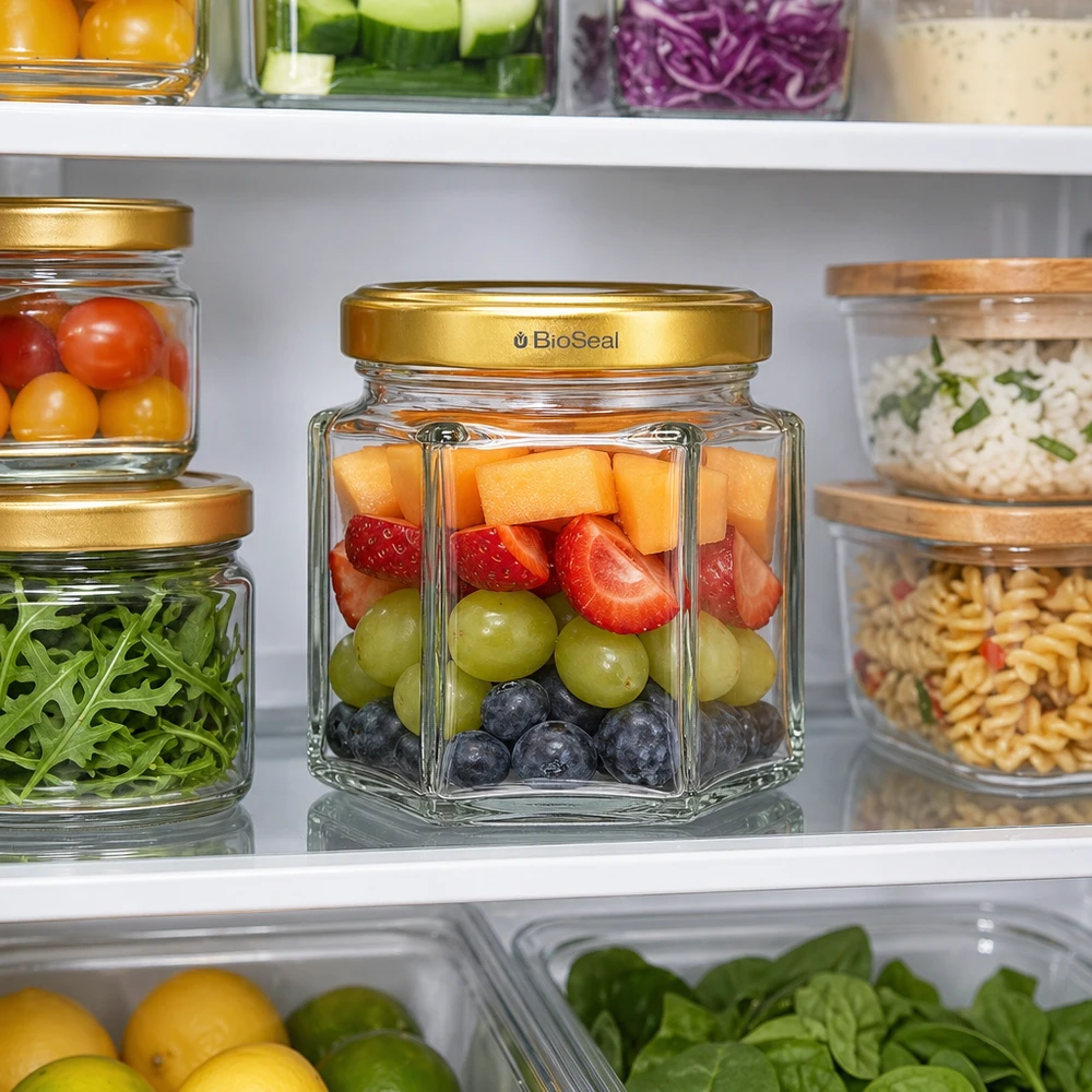 60g Honigglas mit goldenem Deckel BioSeal UNiTWIST 60g BioSeal Honigglas mit goldenem Deckel im Kühlschrank mit Obst gefüllt neben Gemüse und anderen Vorratsgläsern
