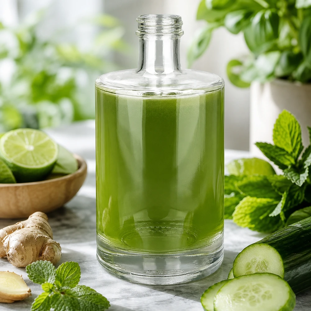 500ml Glasflasche "Sam" ohne Schraubverschluss UNiTWIST 500ml Glasflasche Sam mit grünem Smoothie befüllt umgeben von frischen Zutaten Mint Gurke Ingwer Limette
