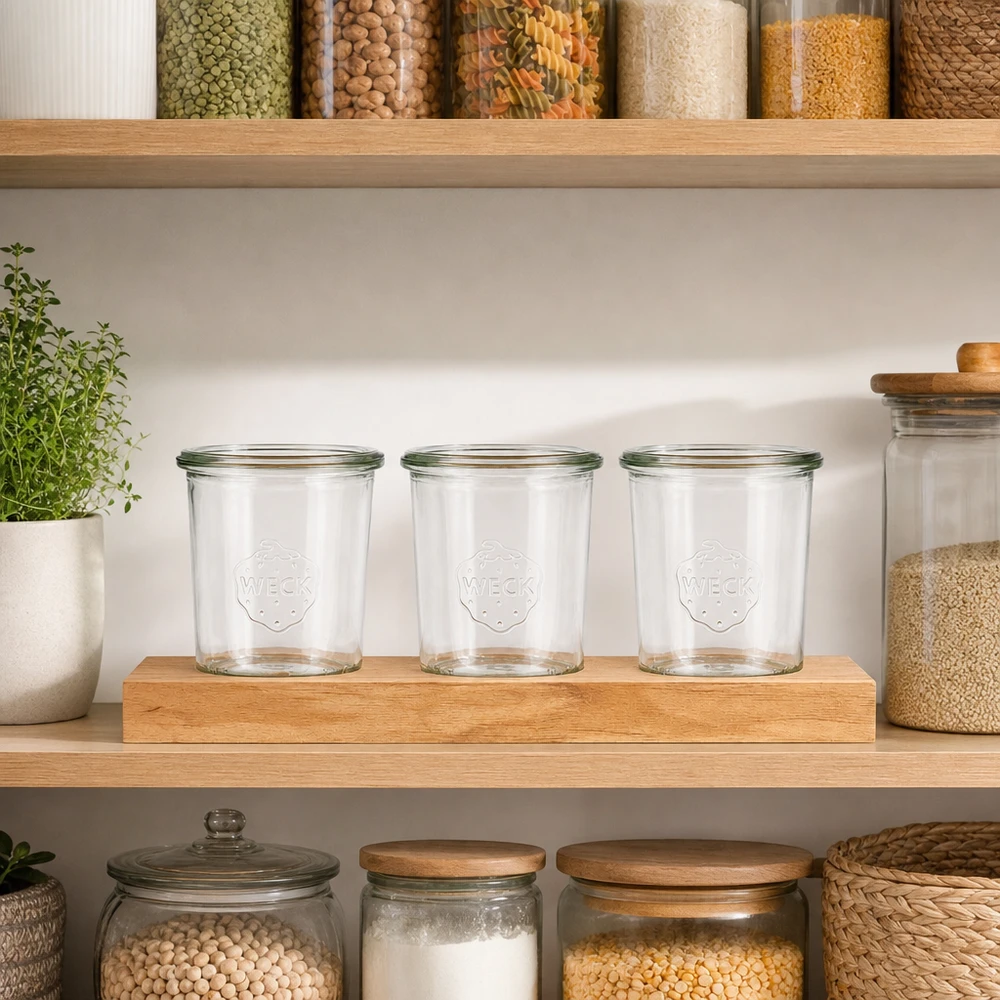 Servierbrett Plano3 mit 3 Weck Sturzgläsern 160ml Weck Sturzgläser 160ml leer auf Servierbrett Plano3 in organisierter Vorratsküche mit Gewürzbehältern