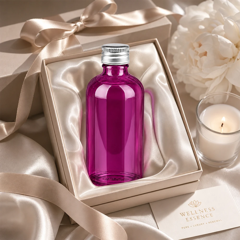 Praktische 100ml Glasflasche in Purple mit fest verschließbarem Aluminiumdeckel für tägliche Pflege